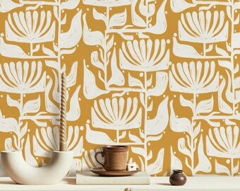 Tapeta samoprzylepna w stylu retro z motywem kwiatowym: pomarańczowo-biała, botaniczna