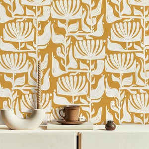 Funky Retro Blumen Tapete, Groovy Retro Blumen Schälen und Kleben, Orange und weiße botanische Tapete, Wohnkultur,