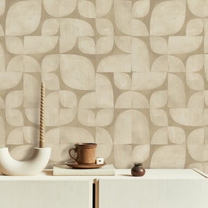 Papier peint beige Mid-Century, papier peint aux formes géométriques, scandinave contemporain, autocollant, bohème naturel abstrait, décoration murale murale,