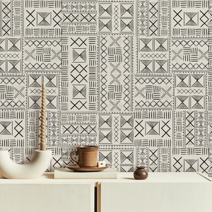 African Tribal Wallpaper, Black and White Wallpaper, Ethnic Lines Wallpaper, Dark Line Wallpaper, Peel And Stick, Home Decor, Traditional