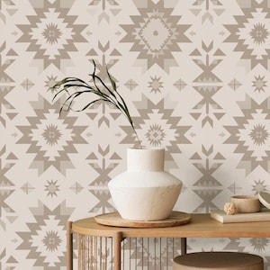 Neutrale Boho Azteken-Tapete - Beige-Weiße Schälen und Aufkleben-Wanddekoration für Wohnzimmer, Schlafzimmer oder Büro - Traditionelle Optionen