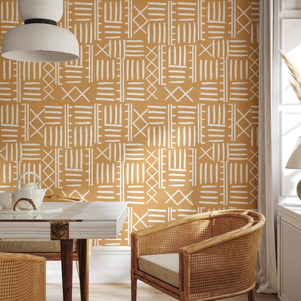 Orange Mud Cloth Wallpaper: African Tribal Print, Peel and Stick