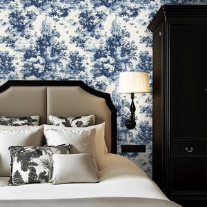 Papel de parede Blue Toile - Mural cênico francês vintage - Decoração de parede clássica elegante - Design campestre atemporal