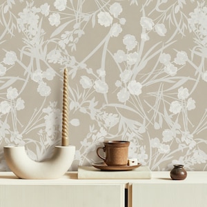 Beige Wildblumen Tapete, Boho Blatt, minimalistischer botanischer Druck, weiße Linie Blume, abnehmbar, Wohnkultur, Schälen und aufkleben,