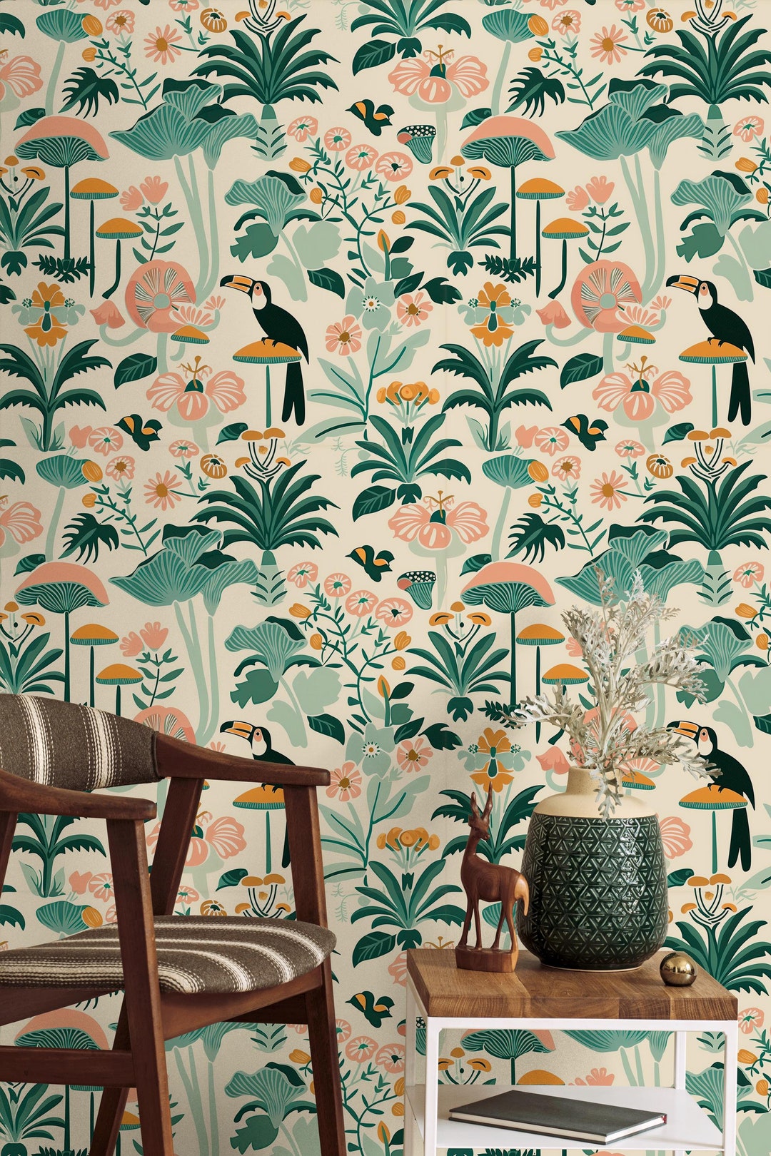 Pastel Tropical Botanical Wallpaper - Exotic Flowers and Birds With