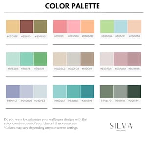 May include: A color palette graphic with nine sets of three color swatches each, with corresponding hex codes. The text "COLOR PALETTE" is at the top. The Silva Wallpaper logo is at the bottom.