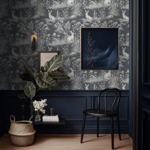 Rabbit Toile Wallpaper: Whimsical Forest Mural (Peel and Stick or Prepasted)