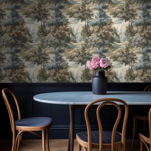 Classic Toile Wallpaper | Dusty Blue Forest River Scene | Vintage Scenic Mural for Dining Room
