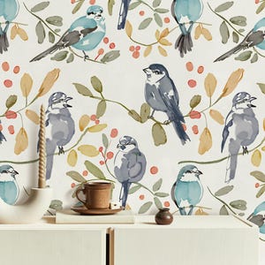 Carta da parati con uccelli e foglie ad acquerello, carta da parati con animali colorati da staccare e attaccare, carta da parati con uccelli e foglie funky, arredamento moderno per la casa, autoadesiva,