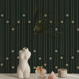 Carta da parati geometrica verde scuro - Arte murale minimalista moderna con accenti dorati - Elegante motivo a linee e punti per interni chic