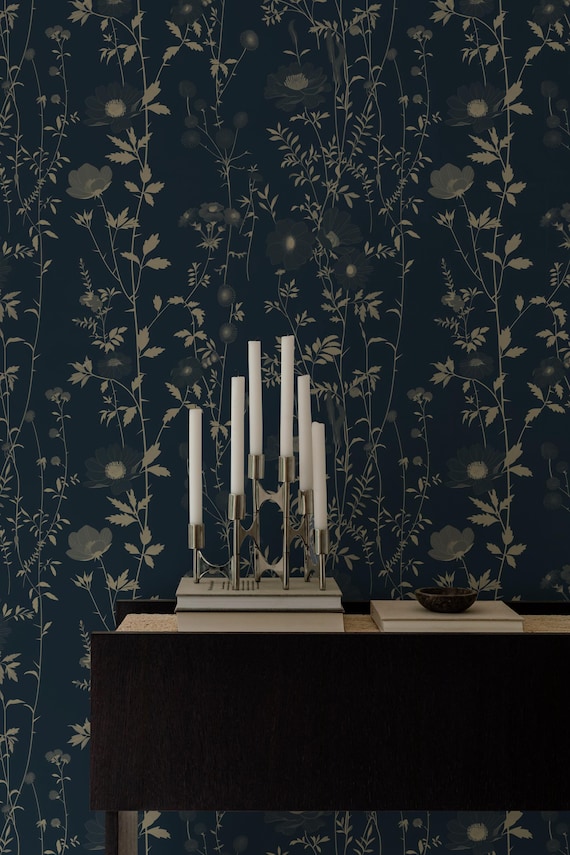 Dark Floral Wallpaper: Midnight Blue Botanical Peel & Stick Wall Art