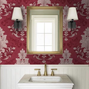 Carta da parati classica damascata color bordeaux con dettagli beige / Camera da letto sofisticata, parete decorativa staccabile e adesiva