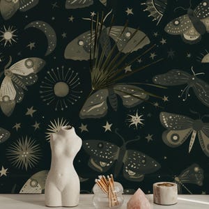 Mystic Moth Wallpaper - Celestial Moon & Stars Peel and Stick Wall Mural, Home Decor