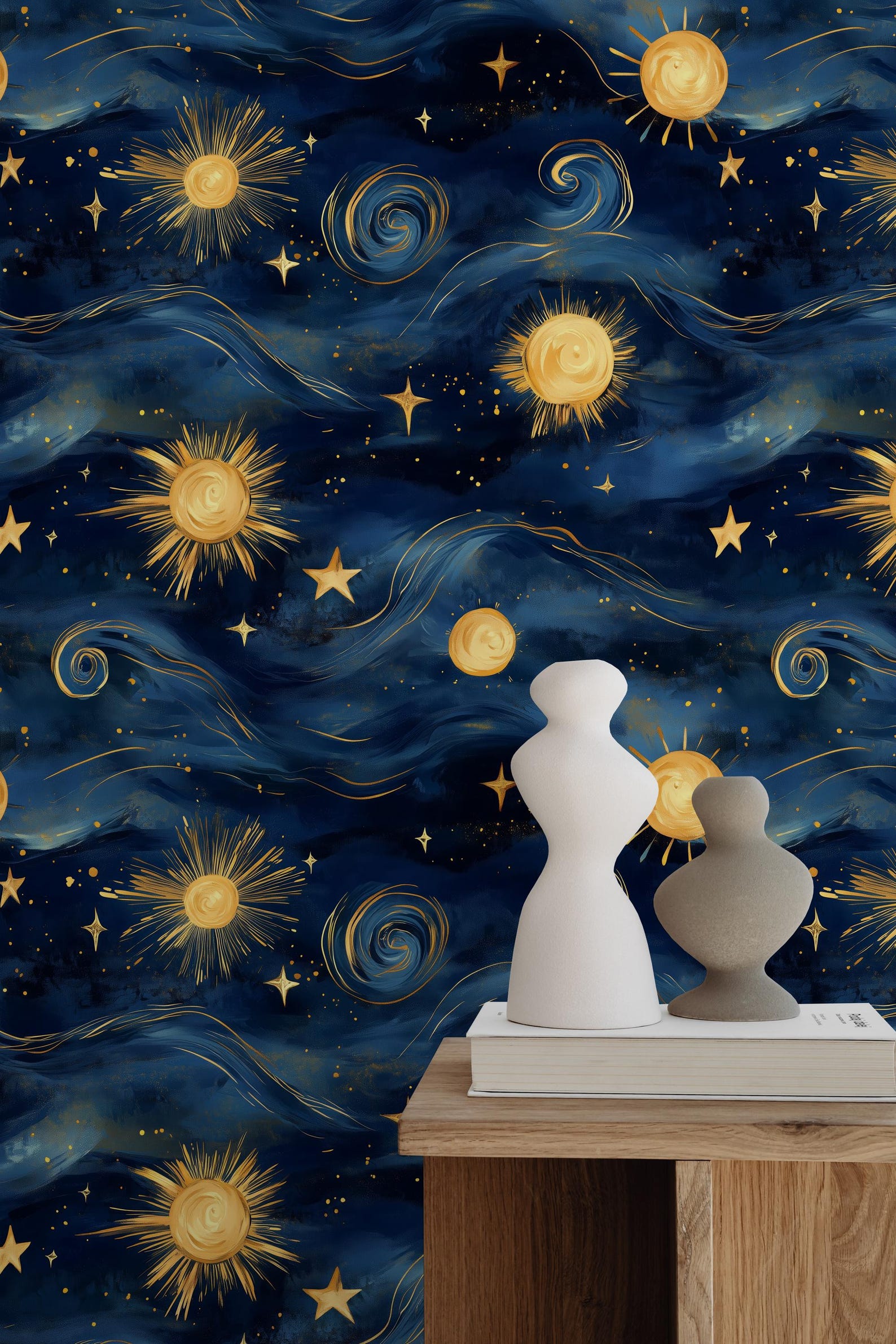 Starry Night Celestial Wallpaper - Luxury Sun & Moon Wall Mural ...