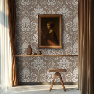 Carta da parati damascata beige / Design dai toni neutri / Decorazione di soggiorno di lusso / Rivestimento murale classico e ornato
