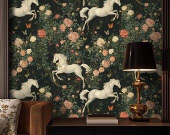 Papel tapiz de unicornio: Mural de fantasía floral oscura, despegable y pegable