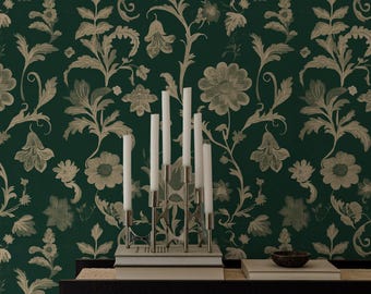 Dark Green Floral Wallpaper: Vintage Botanical Peel and Stick Mural