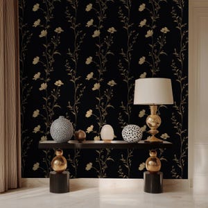 Luxury Black & Gold Floral Wallpaper - Elegant Botanical Wall Mural - Dark Aesthetic Decor - Minimalist Nature Peel And Stick