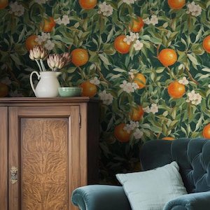 Papel tapiz de cítricos con flor de naranja / Diseño de frutas vibrantes para cocina o dormitorio / Mural autoadhesivo extraíble