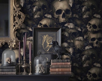 Gothic Skull Wallpaper – Dark Rats Mice Oil Painting Peel and Stick | Moody Bedroom