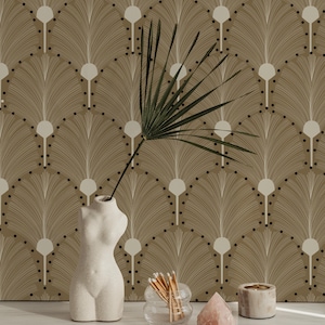 Carta da parati Art Déco - Elegante motivo a ventaglio oro e beige per soggiorno, camera da letto o corridoio - Rivestimento murale staccabile e appiccicoso o in vinile