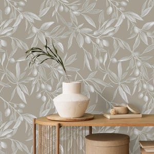 Carta da parati Boho Beige Olive Branch - Design di ulivo su sfondo verde tenue - Arredamento minimalista per la casa, Decorazione murale rimovibile,