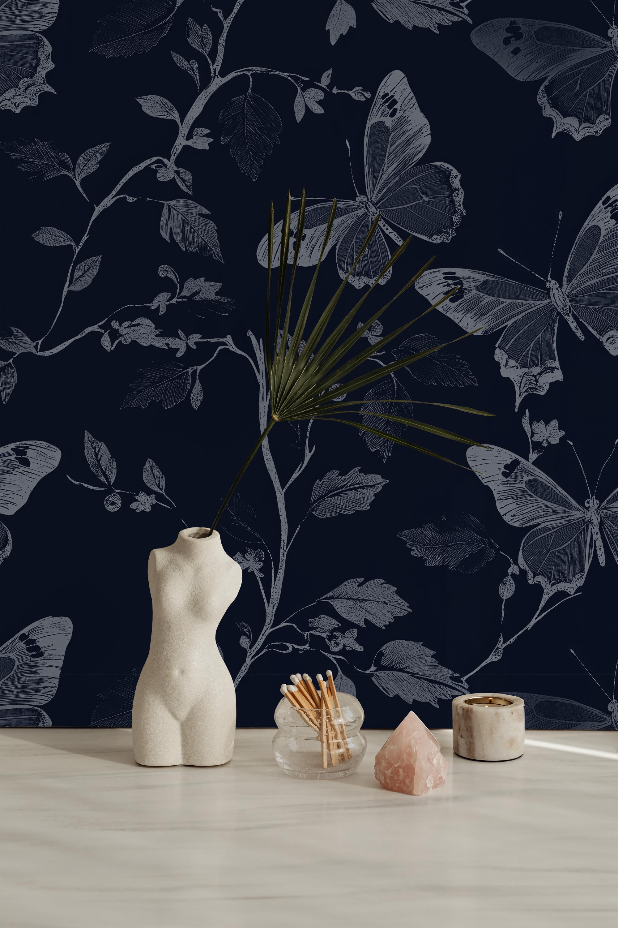 Dark Butterfly Wallpaper - Vintage Botanical Peel and Stick Wall Mural ...