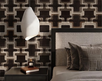 Papel pintado marrón oscuro estilo años 70, estampado geométrico retro llamativo