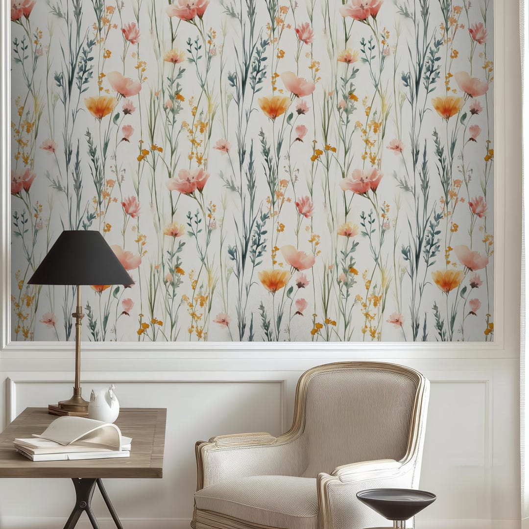 Watercolor Wildflower Wallpaper: Cottagecore Floral Wall Mural - Etsy