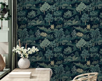 Tapeta Enchanted Forest - Ciemnozielony mural przyrodniczy - Mistyczny krajobraz ścienny - Luksusowy wystrój botaniczny