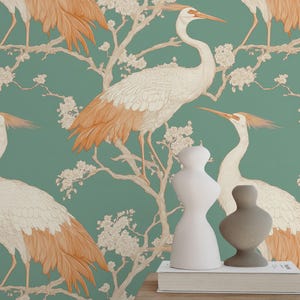 Papel tapiz de grulla japonesa: mural de pared vintage con pájaros y flores, elegante, despegable y adhesivo