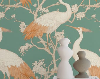 Japanische Kranich Tapete - Vintage Vogel- und Blumenwandbild, Elegantes Abziehen und Aufkleben