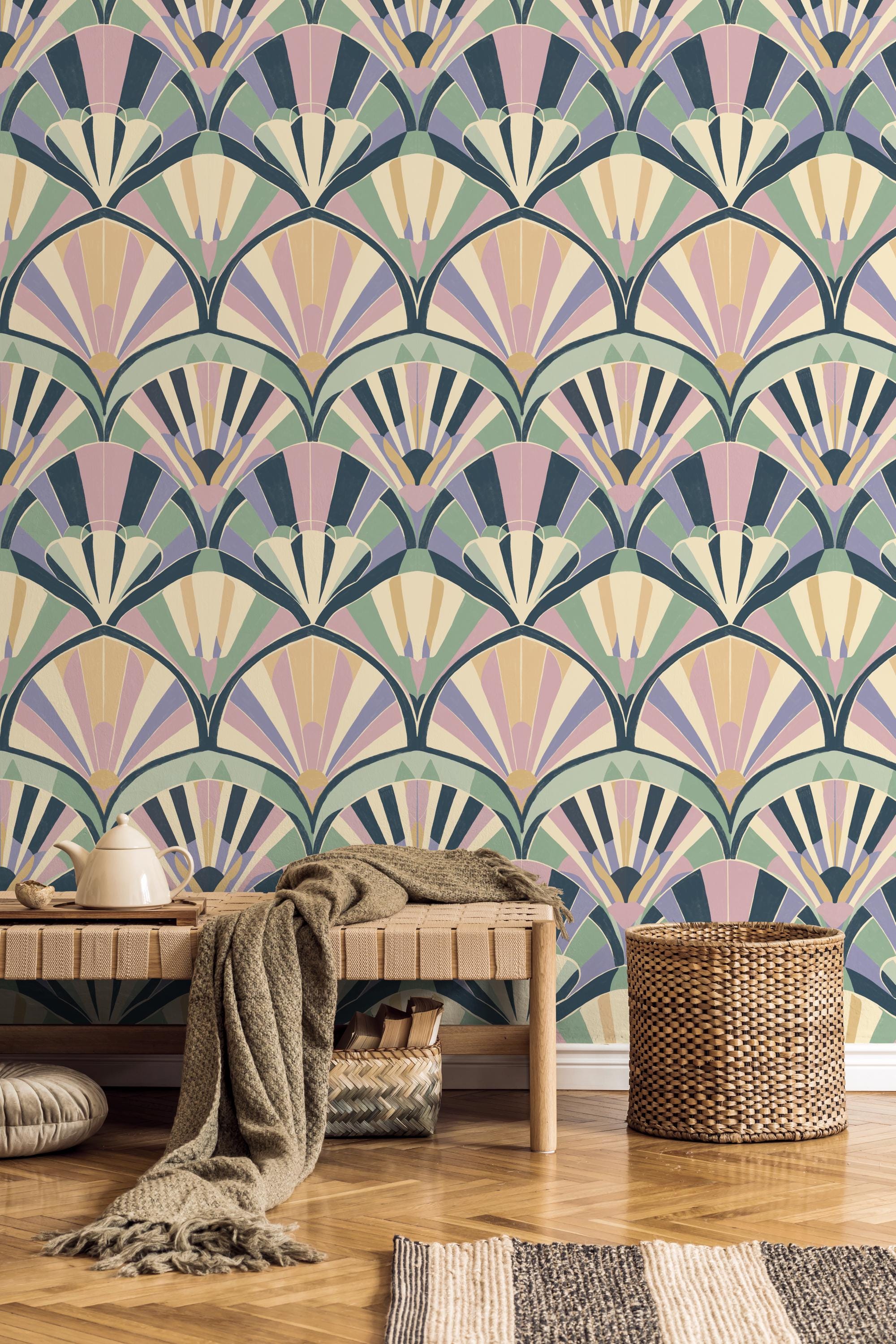 Fan Art Deco Design Wallpaper Peel and Stick, Pastel Green and Pink — free download