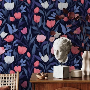 Modern Moody Floral Wallpaper | Abstract Pink Tulip Print on Navy Blue | for a Contemporary Bedroom
