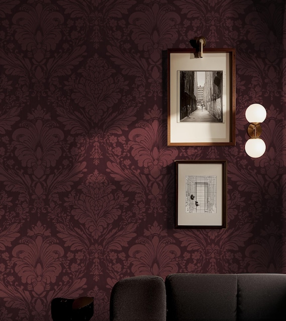 Burgundy Damask Wallpaper – Gothic Romance Peel and Stick Wall Mural (Victorian Decor)