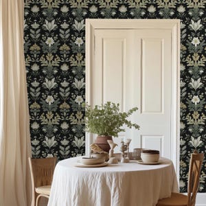 Carta da parati floreale botanica vintage - Elegante murale da parete verde scuro e oro - Decorazione per la casa senza tempo ispirata alla natura