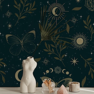 Butterfly Celestial Wallpaper: Mystical Moon Star Wall Art - Peel and Stick