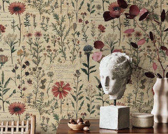 Vintage Botanical Wallpaper - Antique Floral Peel and Stick Wall Covering for Rustic Home Decor