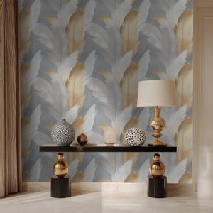 Carta da parati con piume dorate, bianco e grigio / Stampa di piume con accenti metallici di lusso / Decorazione glamour per camera da letto