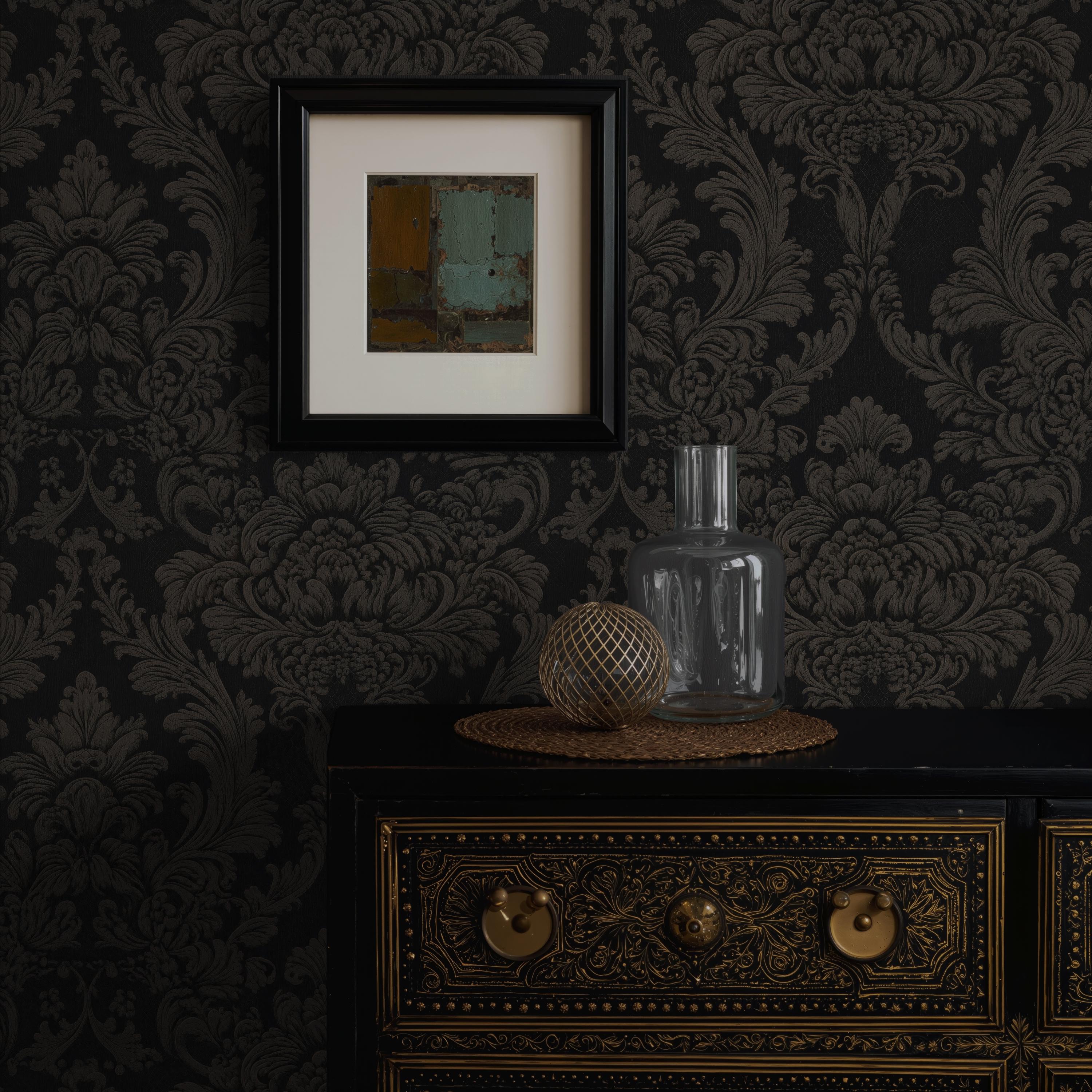 Black Damask Wallpaper – Gothic Peel and Stick Mural | Charcoal Grey ...