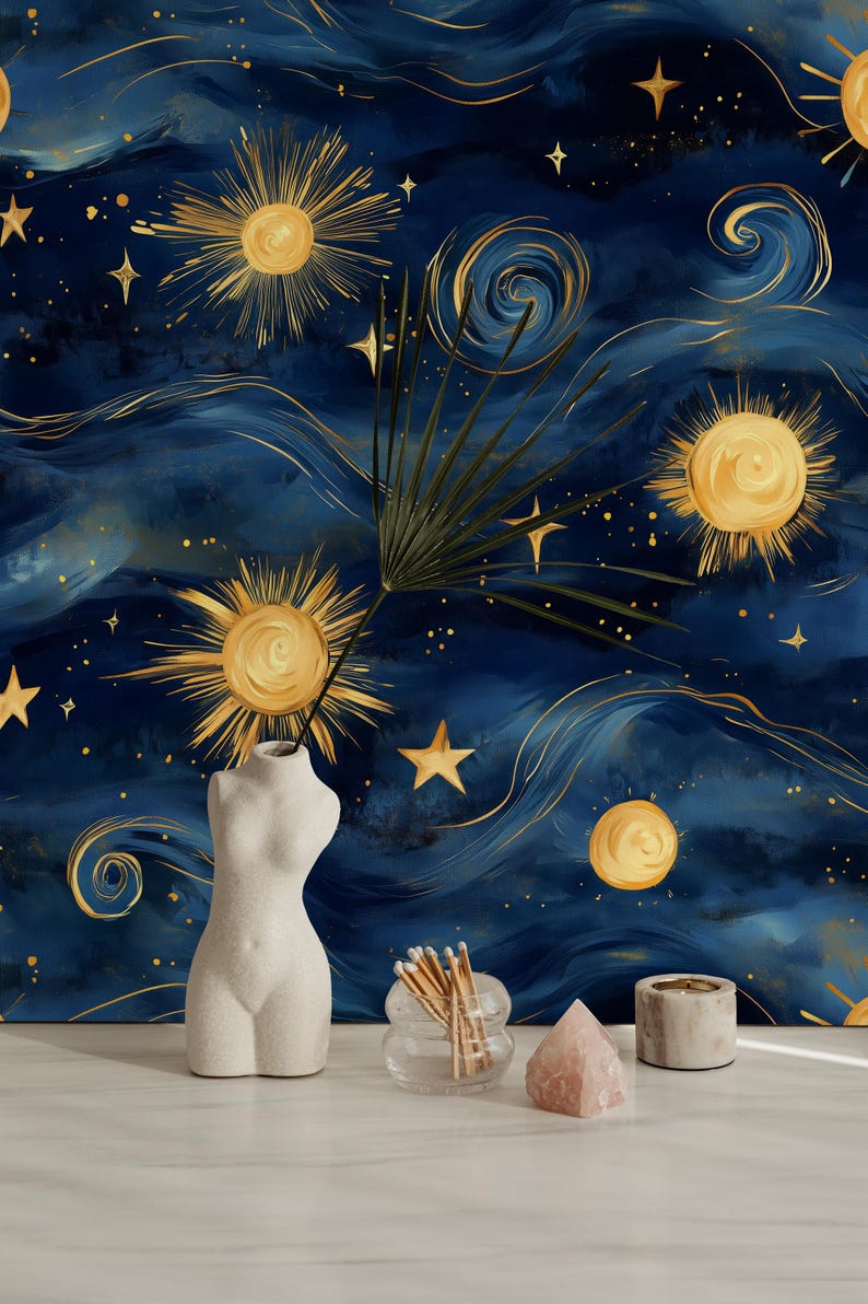 Starry Night Celestial Wallpaper - Luxury Sun & Moon Wall Mural ...