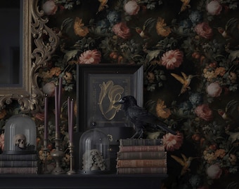 Mörk blommig kolibritapet – Vintage botanisk självhäftande tapet, barockstil