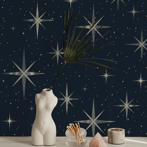 Carta da parati Celestial Starry Night - Carta da parati Peel & Stick Cosmic Blue Dark - Moderna carta da parati murale Boho Astrale - Decorazione mistica della stanza della galassia