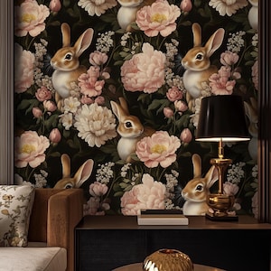 Carta da parati vintage Bunny - murale di coniglio floreale scuro - decorazione botanica Cottagecore - estetica della casa massimalista - arte murale stravagante