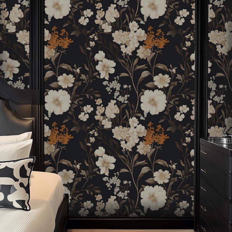 Dark Floral Wallpaper: Vintage Botanical Wall Mural - Etsy