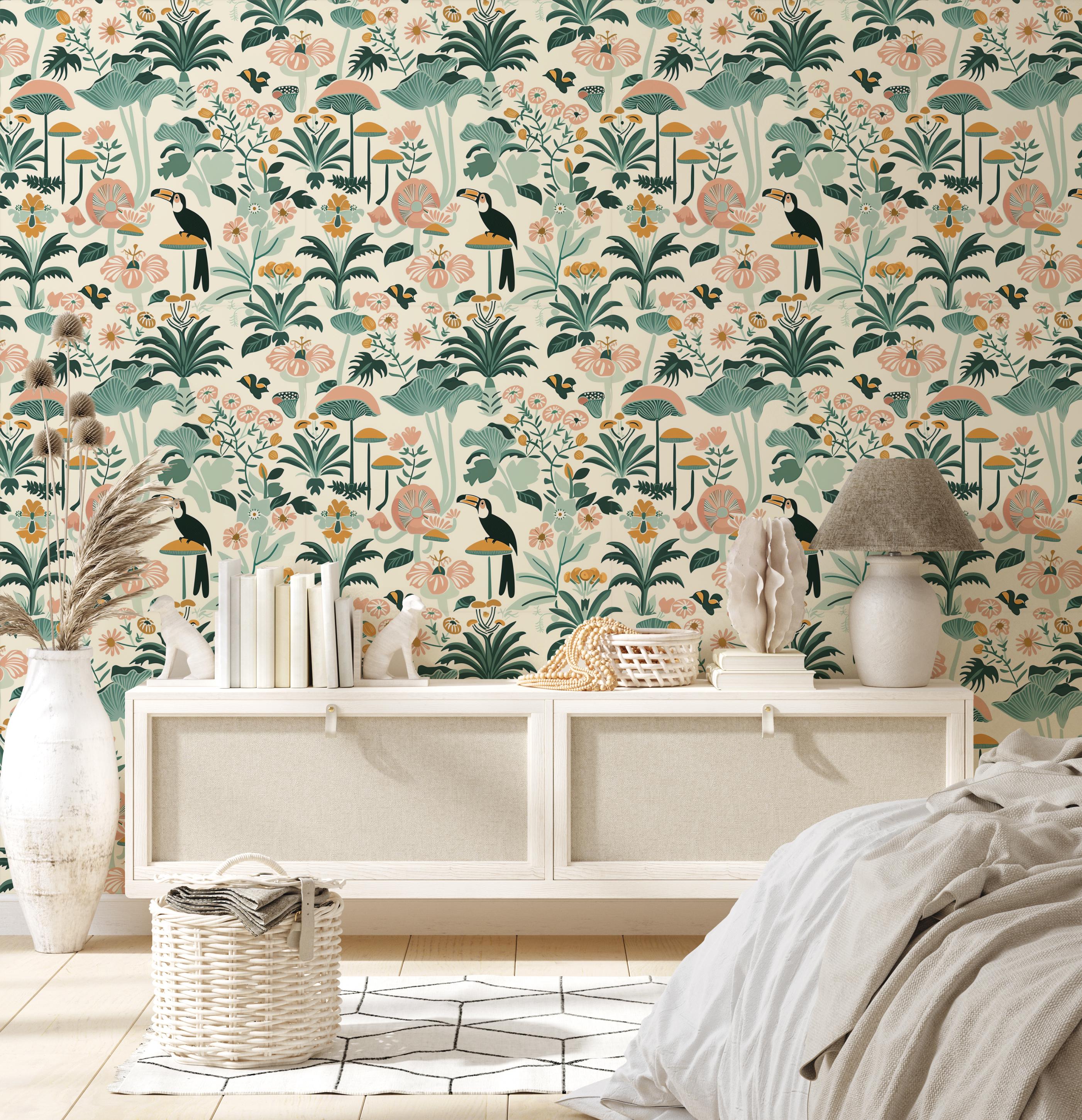 Pastel Tropical Botanical Wallpaper - Exotic Flowers and Birds With