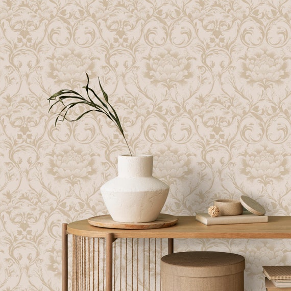 Floral Damask Wallpaper: Neutral Beige Peel and Stick Decor