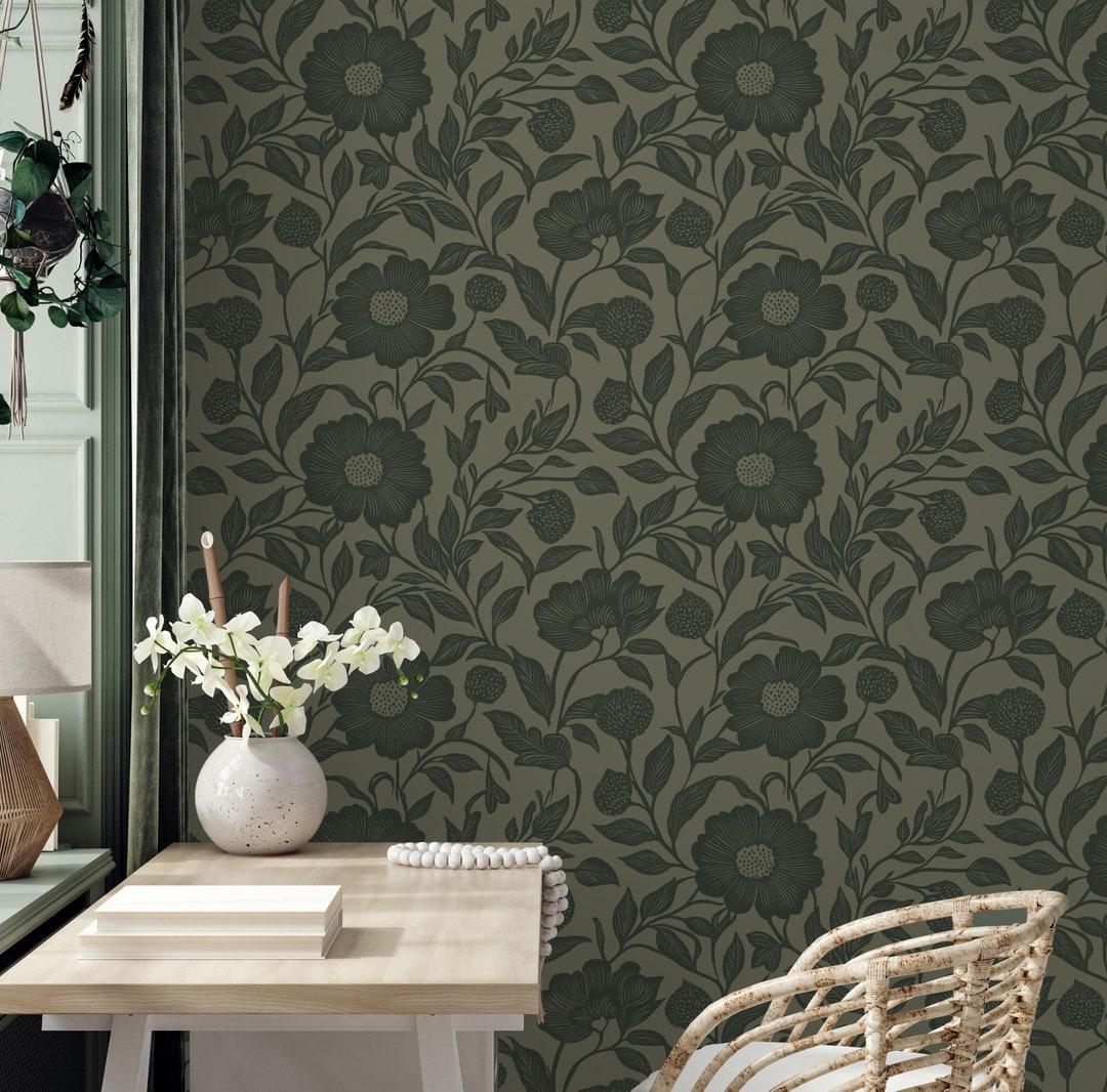 Olive Green Floral Wallpaper - Vintage Botanical Peel and Stick Wall ...