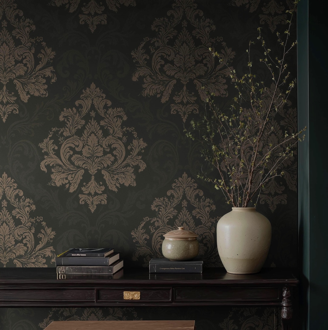 Dark Green Damask Wallpaper – Baroque Peel and Stick | Gold Acanthus ...
