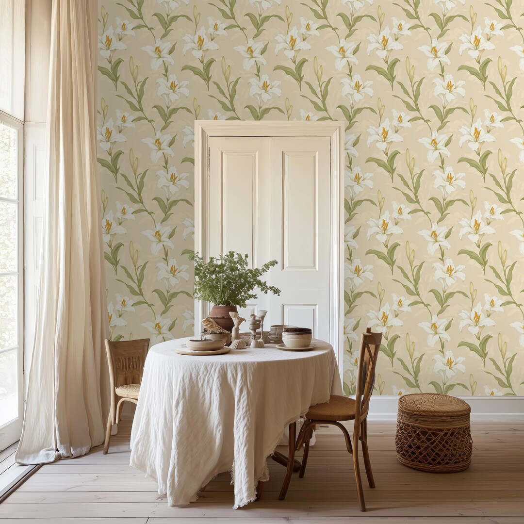 Vintage Lily Wallpaper - Elegant Floral Wall Mural - Soft Cream ...